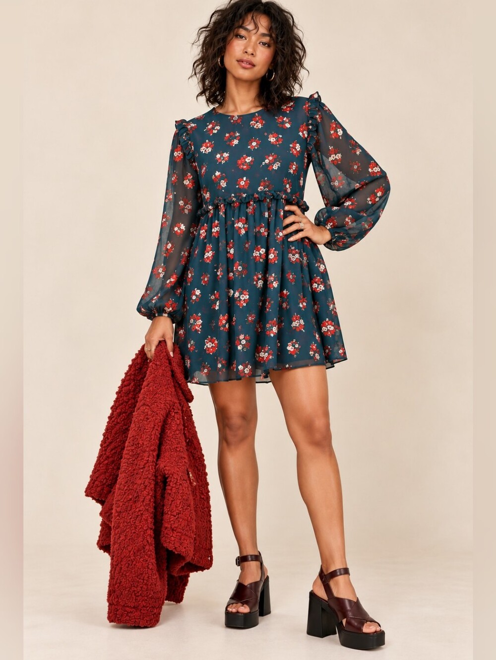 AURA FLORAL BABYDOLL MINI DRESS TEAL BALLOON SLEEVE BOHO SMALL NWT